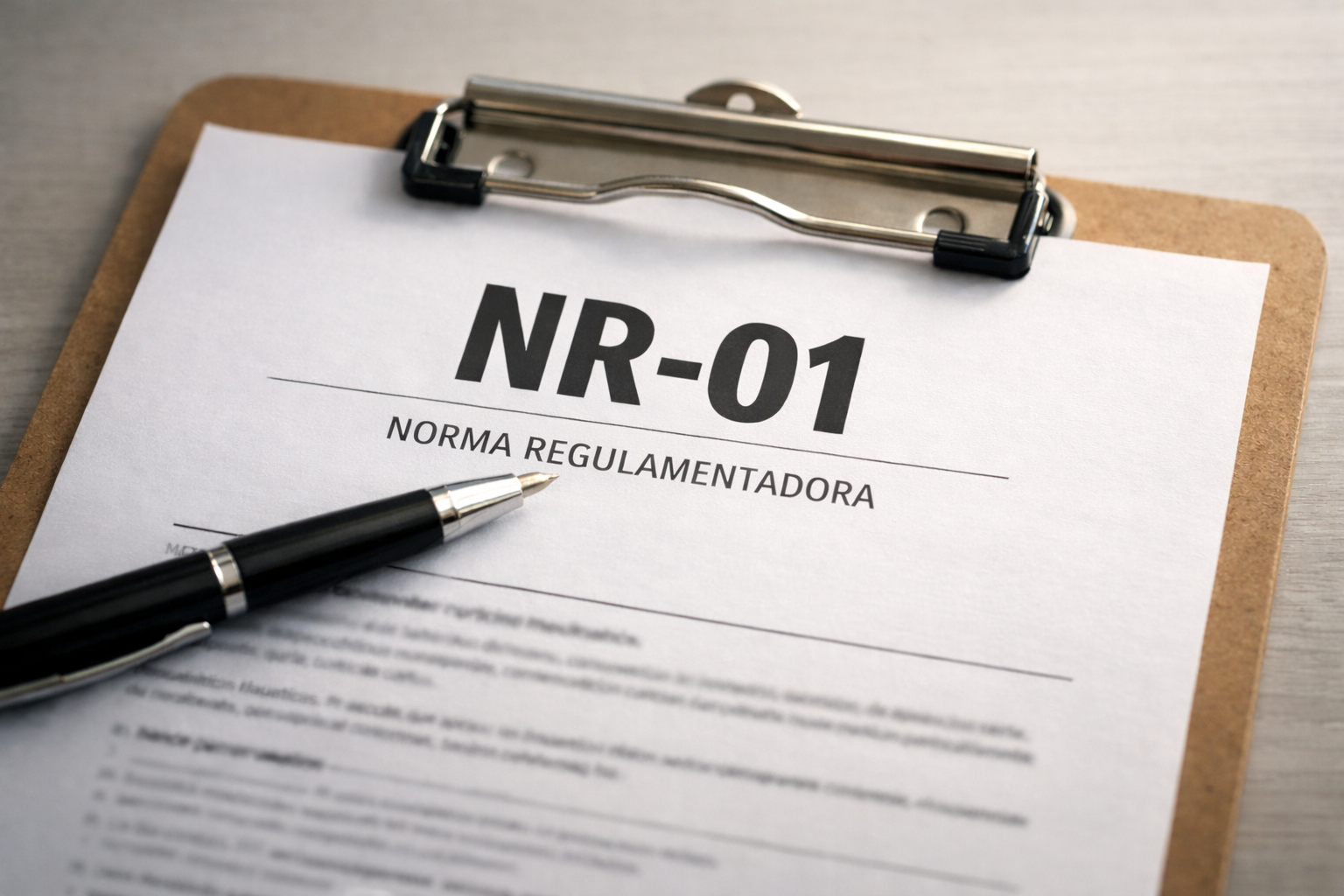 Prancheta com documento NR-01 e caneta sobre mesa